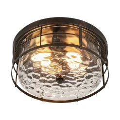 Vintage 2-Light Hammered Glass Round Drum Flush Mount