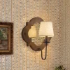 Vintage 1-Light Wood Mirror Linen Tapered Shade Wall Sconce