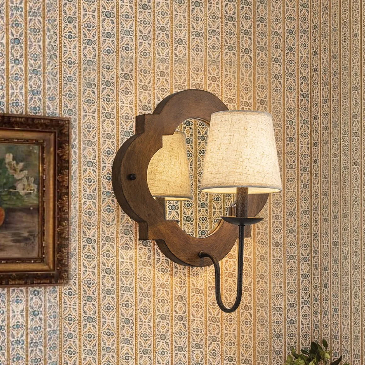 Vintage 1-Light Wood Mirror Linen Tapered Shade Wall Sconce