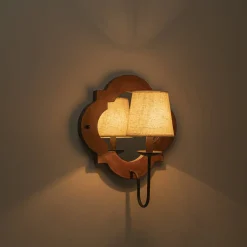 Vintage 1-Light Wood Mirror Linen Tapered Shade Wall Sconce