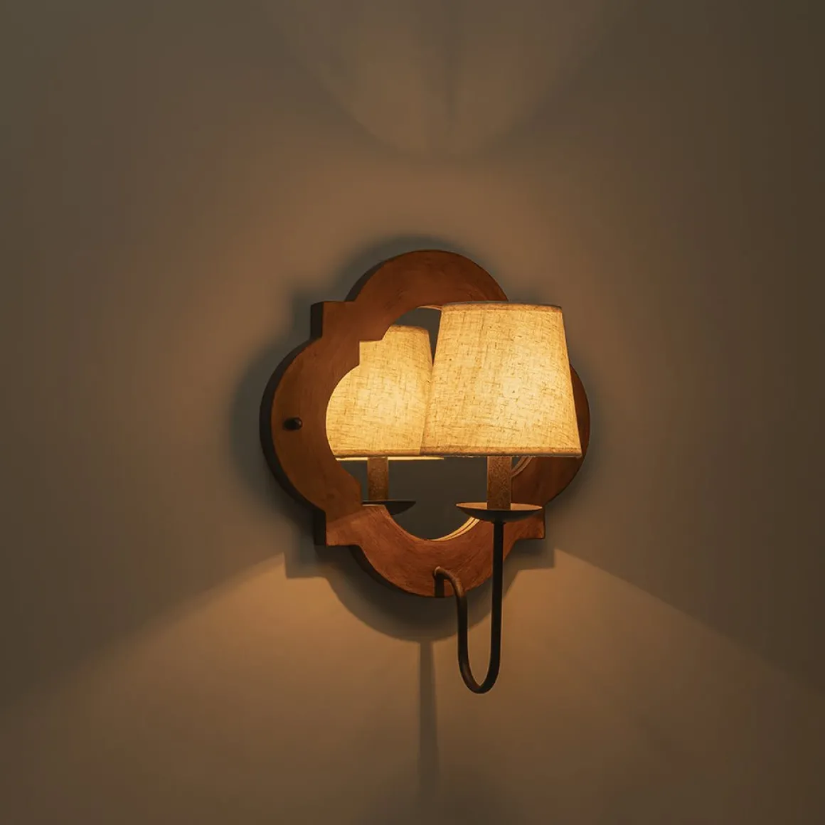 Vintage 1-Light Wood Mirror Linen Tapered Shade Wall Sconce