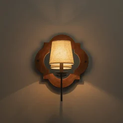Vintage 1-Light Wood Mirror Linen Tapered Shade Wall Sconce