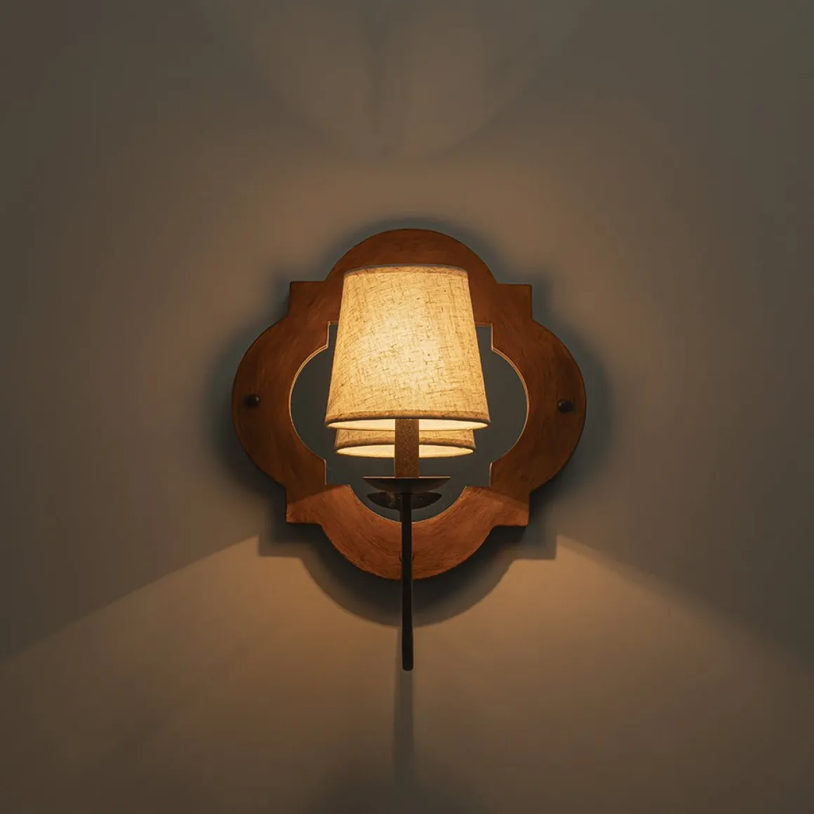 Vintage 1-Light Wood Mirror Linen Tapered Shade Wall Sconce