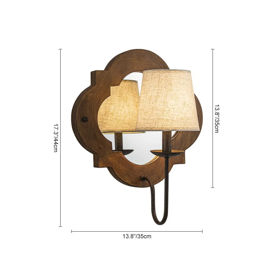 Vintage 1-Light Wood Mirror Linen Tapered Shade Wall Sconce