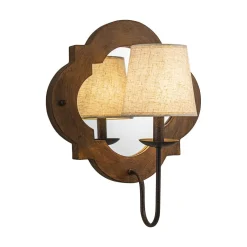 Vintage 1-Light Wood Mirror Linen Tapered Shade Wall Sconce