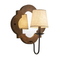 Vintage 1-Light Wood Mirror Linen Tapered Shade Wall Sconce