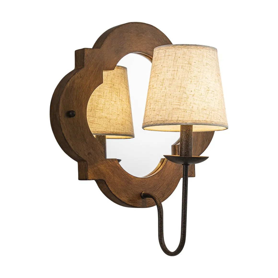 Vintage 1-Light Wood Mirror Linen Tapered Shade Wall Sconce