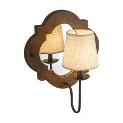 Vintage 1-Light Wood Mirror Linen Tapered Shade Wall Sconce