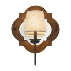 Vintage 1-Light Wood Mirror Linen Tapered Shade Wall Sconce