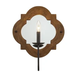 Vintage 1-Light Wood Mirror Linen Tapered Shade Wall Sconce