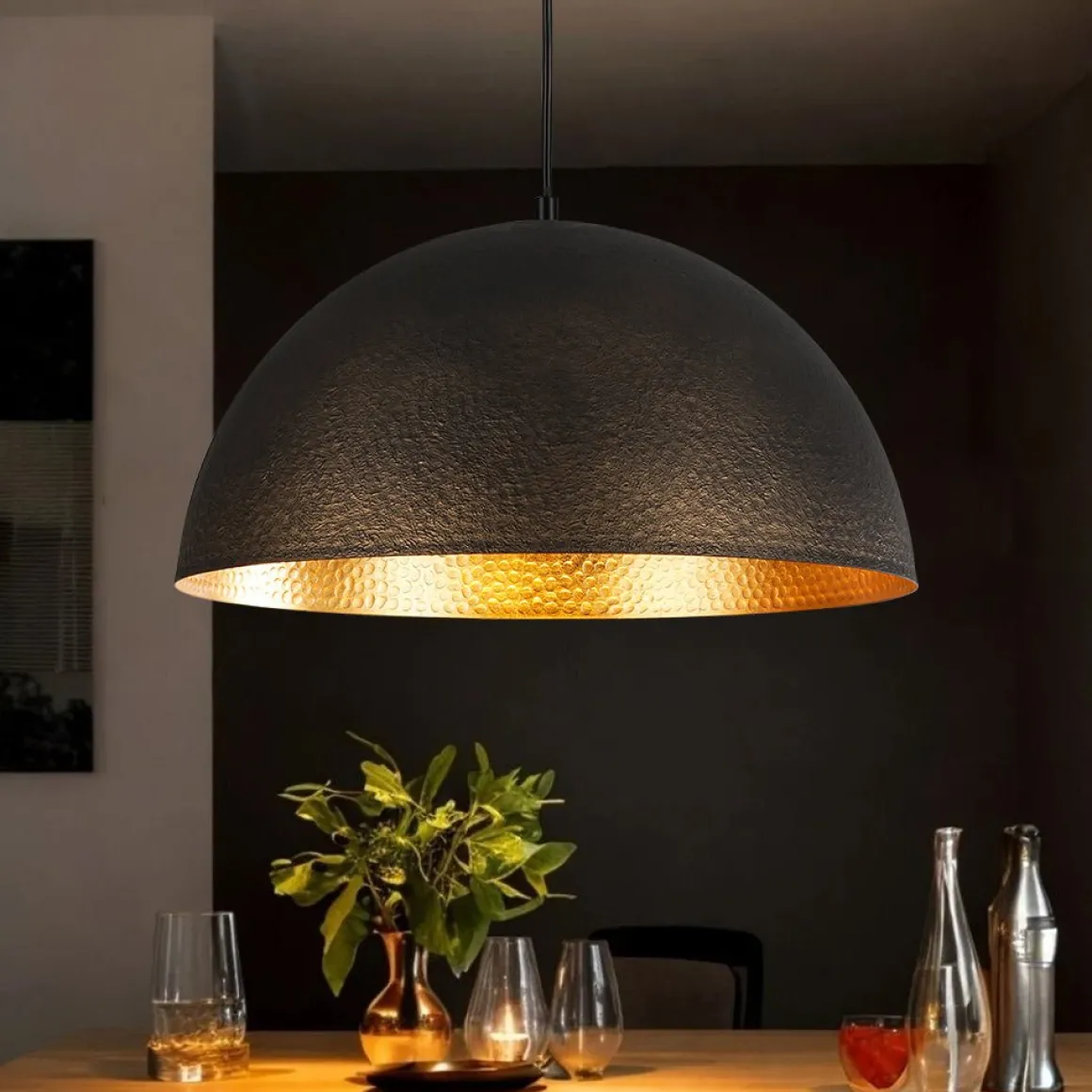 Vintage Luxe Black Gold Hammered Dome Pendant Light