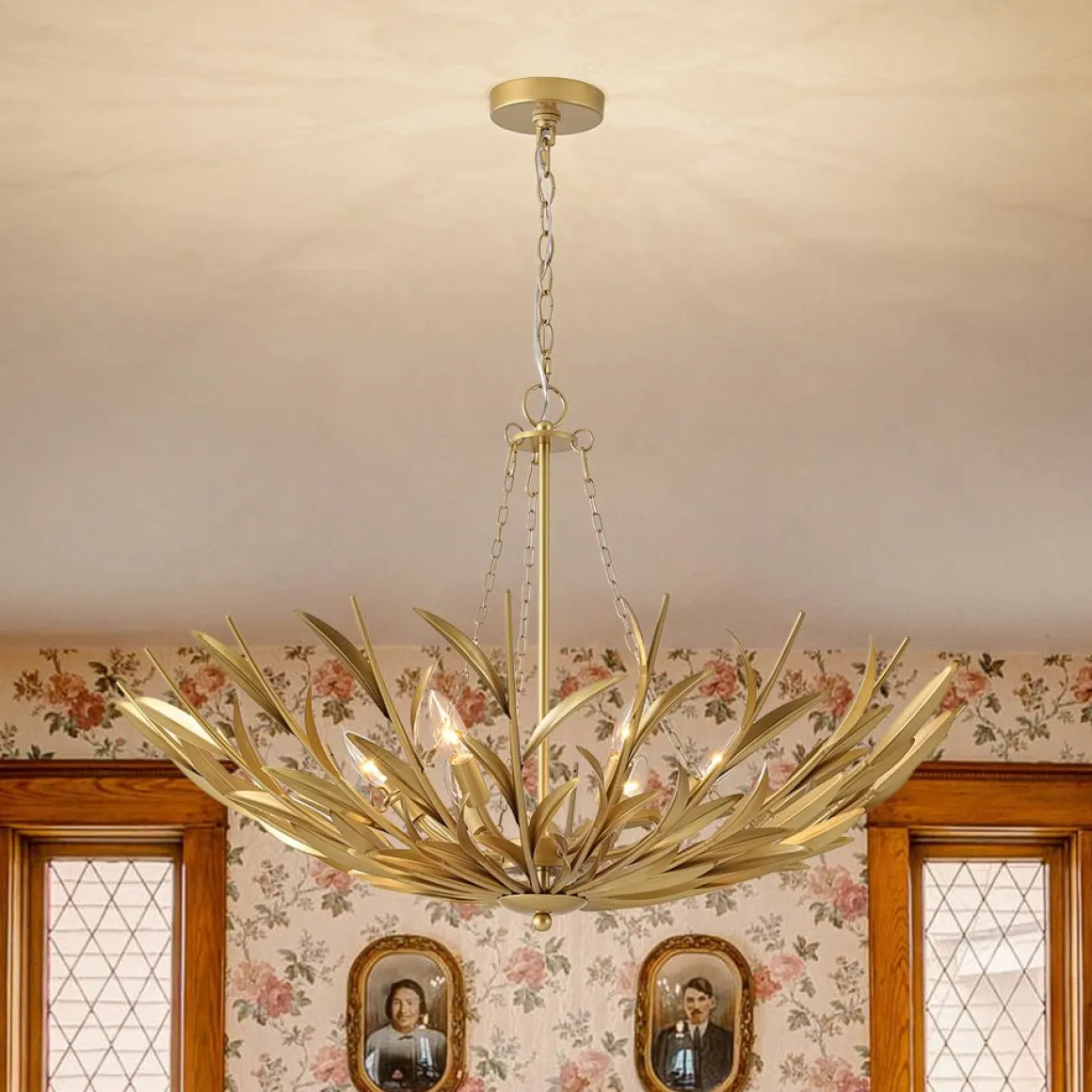 Vintage Luxe Gold Bloom Leaf Branch Oversized Basket Chandelier