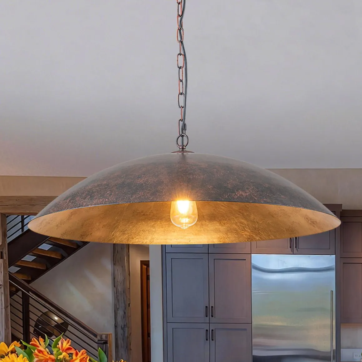Vintage Oversized Flat Dome Metal Pendant Light
