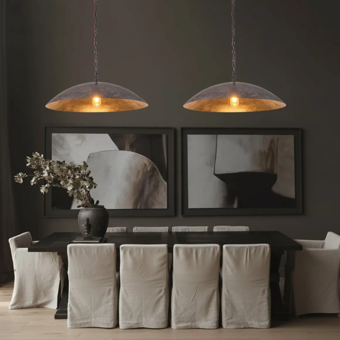 Vintage Oversized Flat Dome Metal Pendant Light