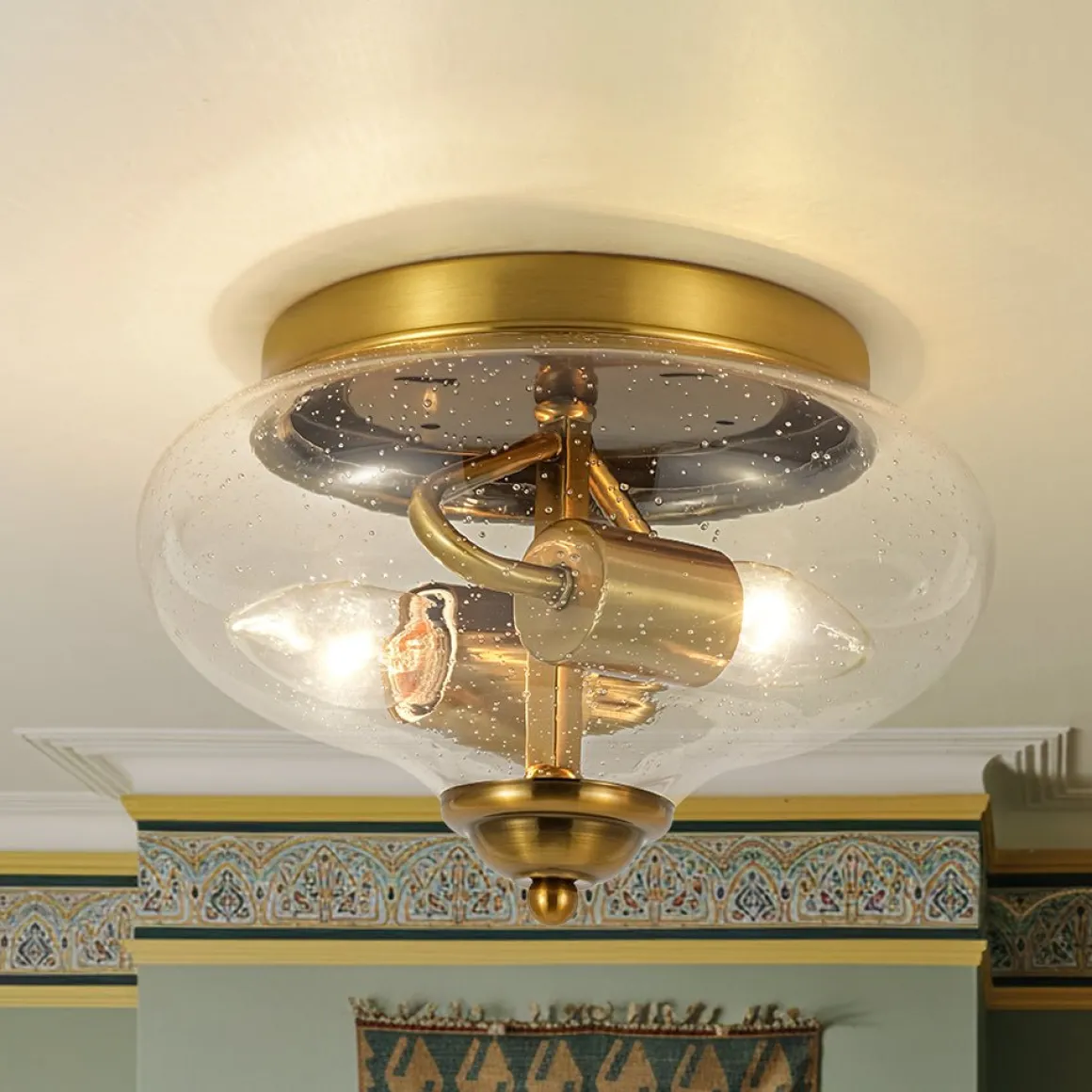 Vintage Round Clear Seeded Glass Flush Mount Ceiling Light
