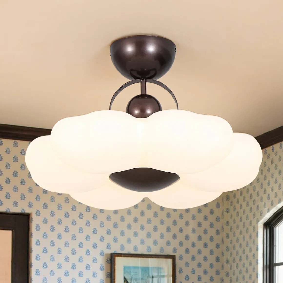 White Camellia Bloom Dimmable LED Semi Flush Mount Light